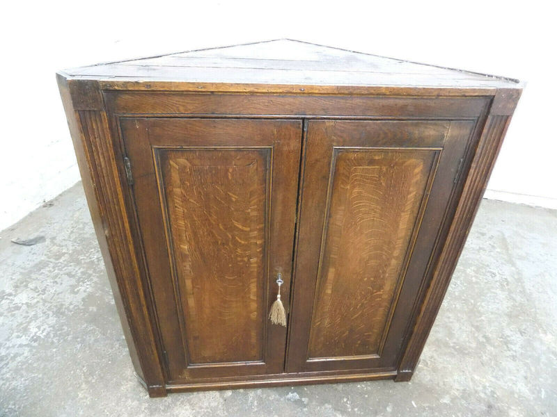 Small Antique Victorian Oak Corner Cabinet Shelves Cupboard