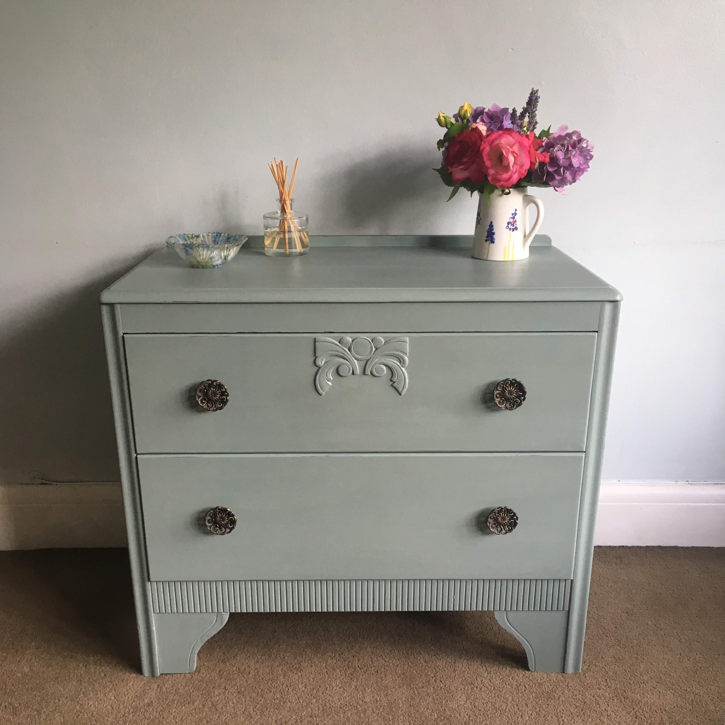 Upcycled Vintage Hand Painted Distressed Detailed Duck Egg Blue