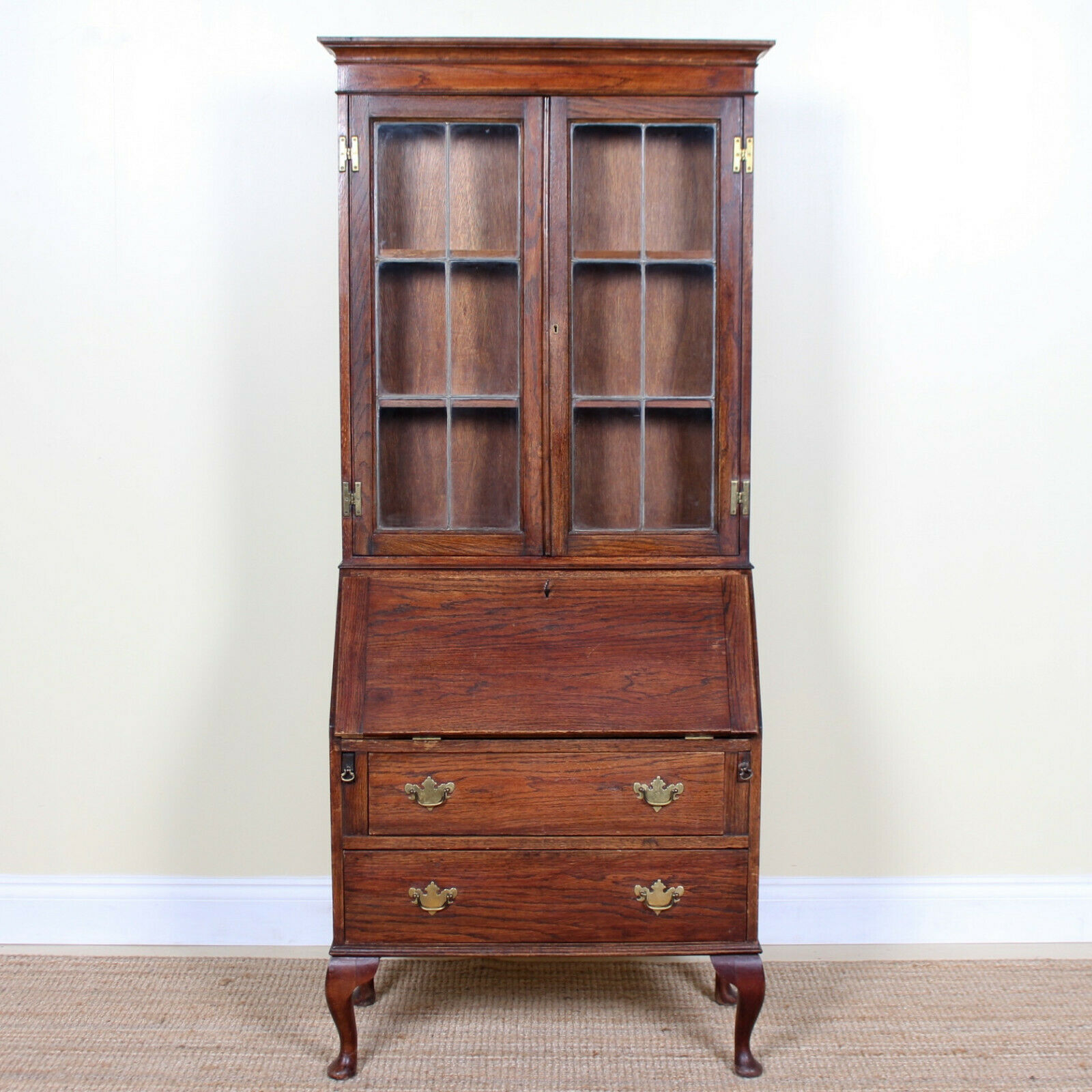 Antique Oak Bureau Bookcase Arts Crafts Secretaire Glazed Secretary Desk