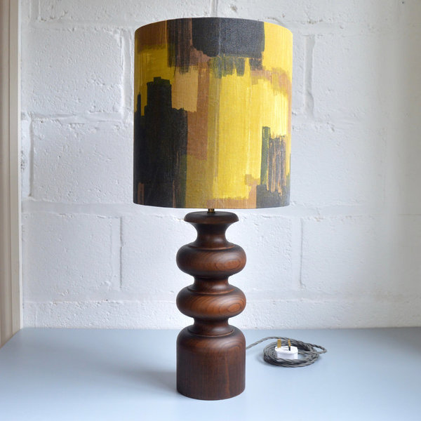 Vintage Turned Wooden Lamp With Mustard Shade