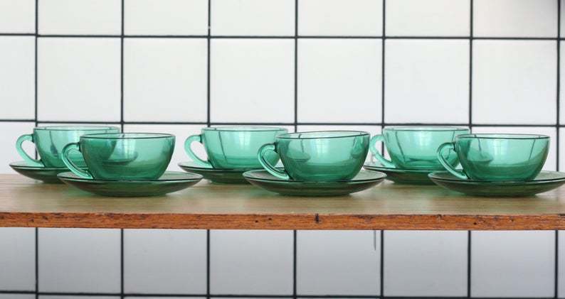 Vintage French Arcoroc Green Glass Cups And Saucers Vinterior