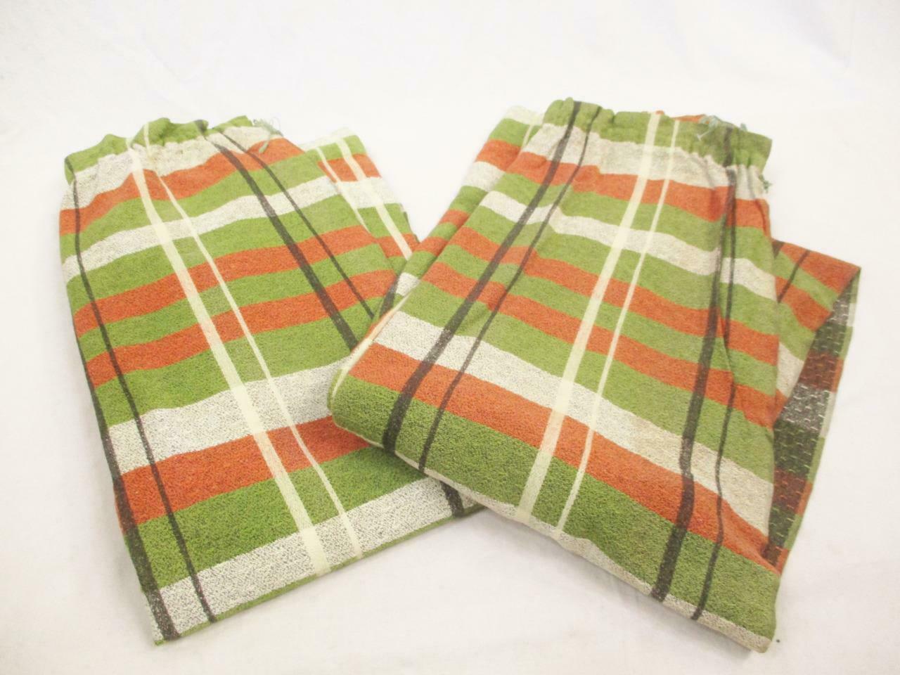 Pair Vintage 50s Barkcloth Curtains Green Orange Stripe 205cm