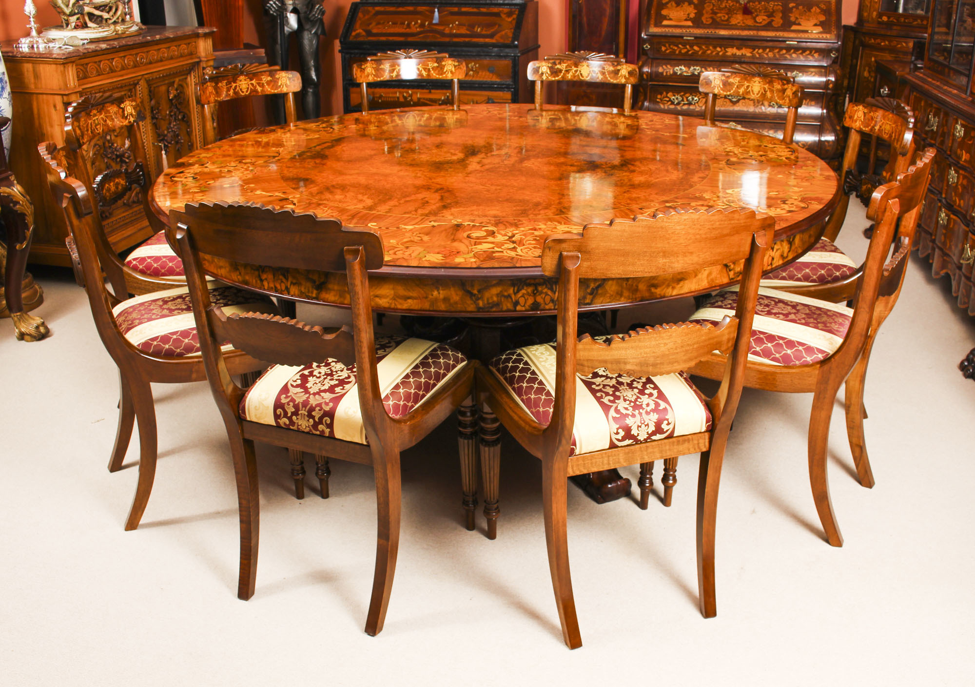 Vintage 6ft 6 Inch Diameter Round Marquetry Dining Table 10 Chairs