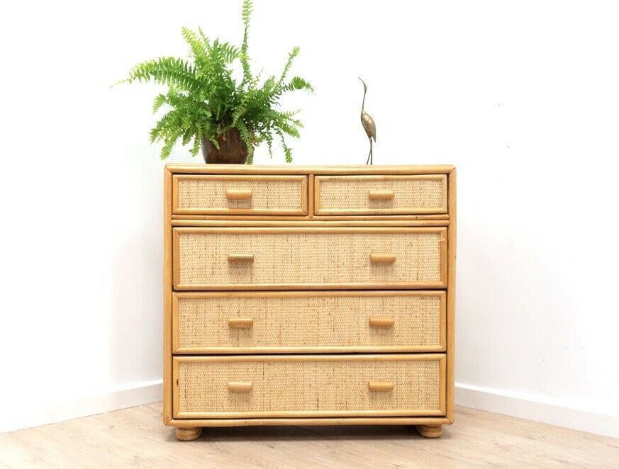 Mid Century Vintage Bamboo Rattan Wicker Chest Of Drawers Tall