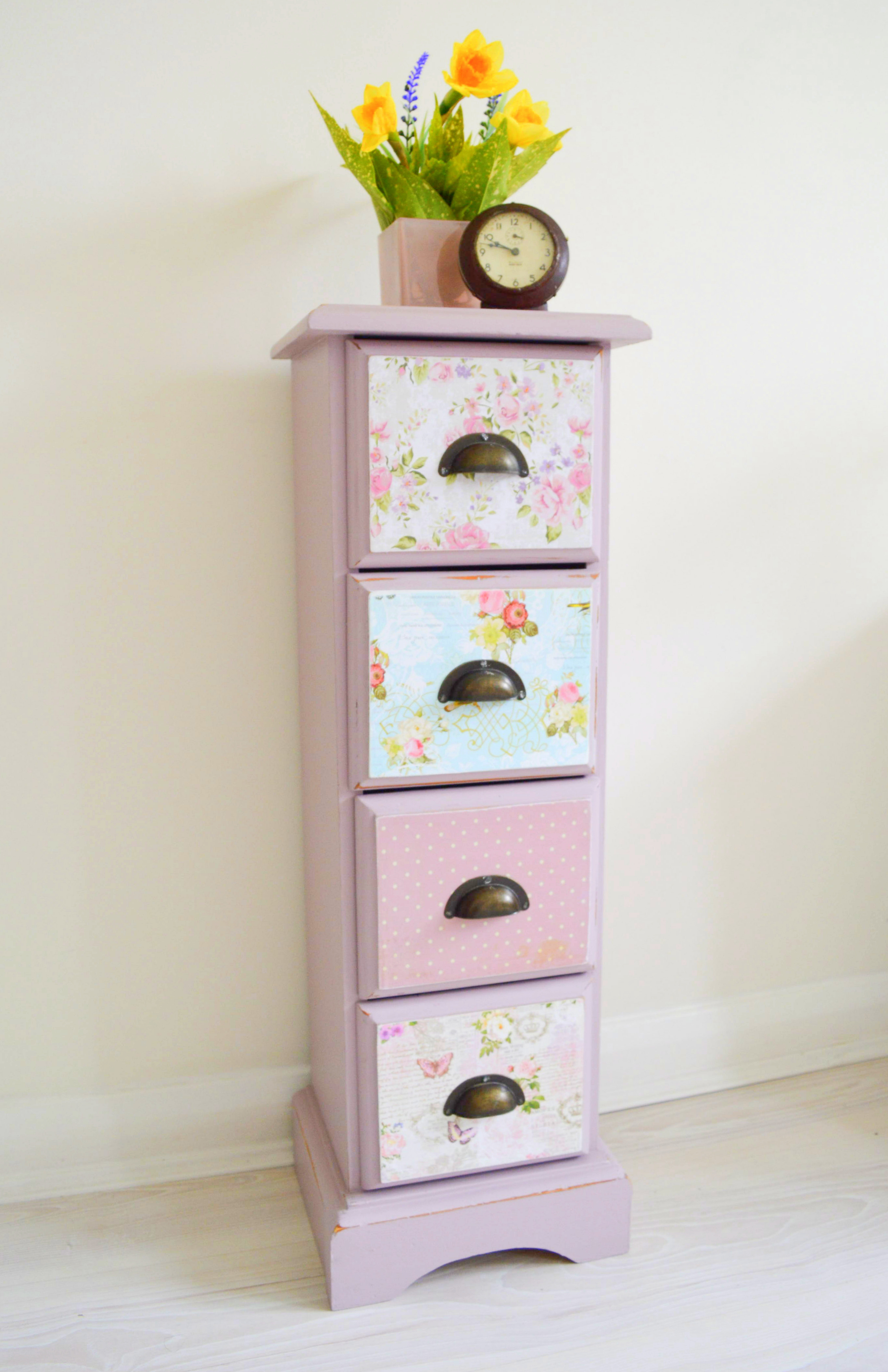 Tall Boy Patchwork 4 Drawer Chest Hand Painted Decoupage Lilac