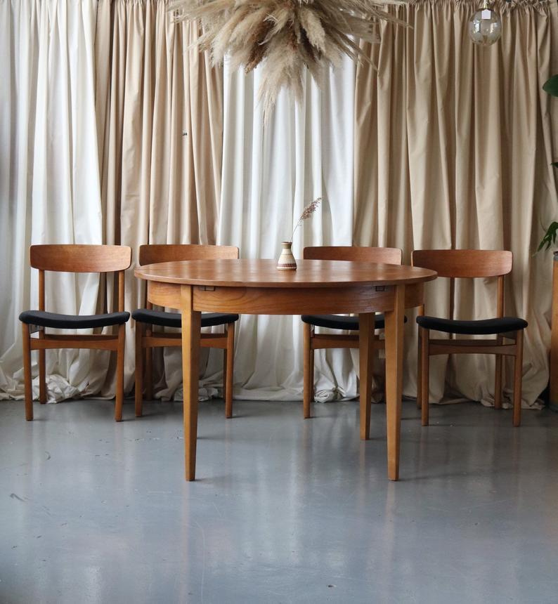 Mid Century 60s Round Dining Table Chairs Black Velvet Seats