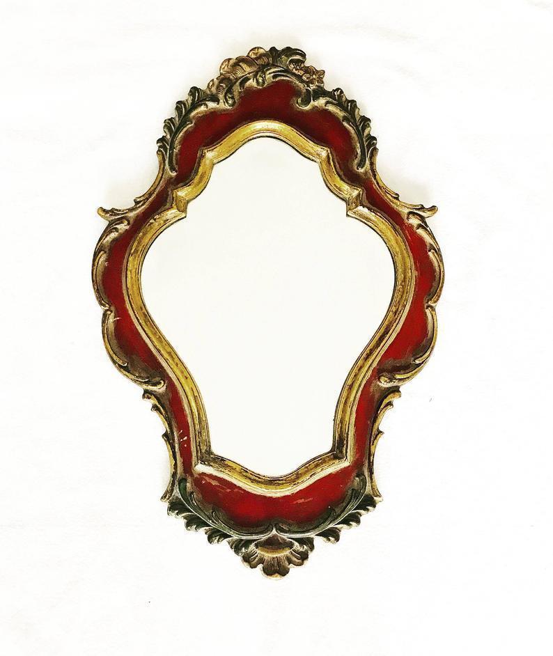 Vintage Decorative Mirror Golden Red Bevelled Edge Design Mid Century Made Baroque Resin Rococo Shabby Chic Decor Ready To Hang Hollywood