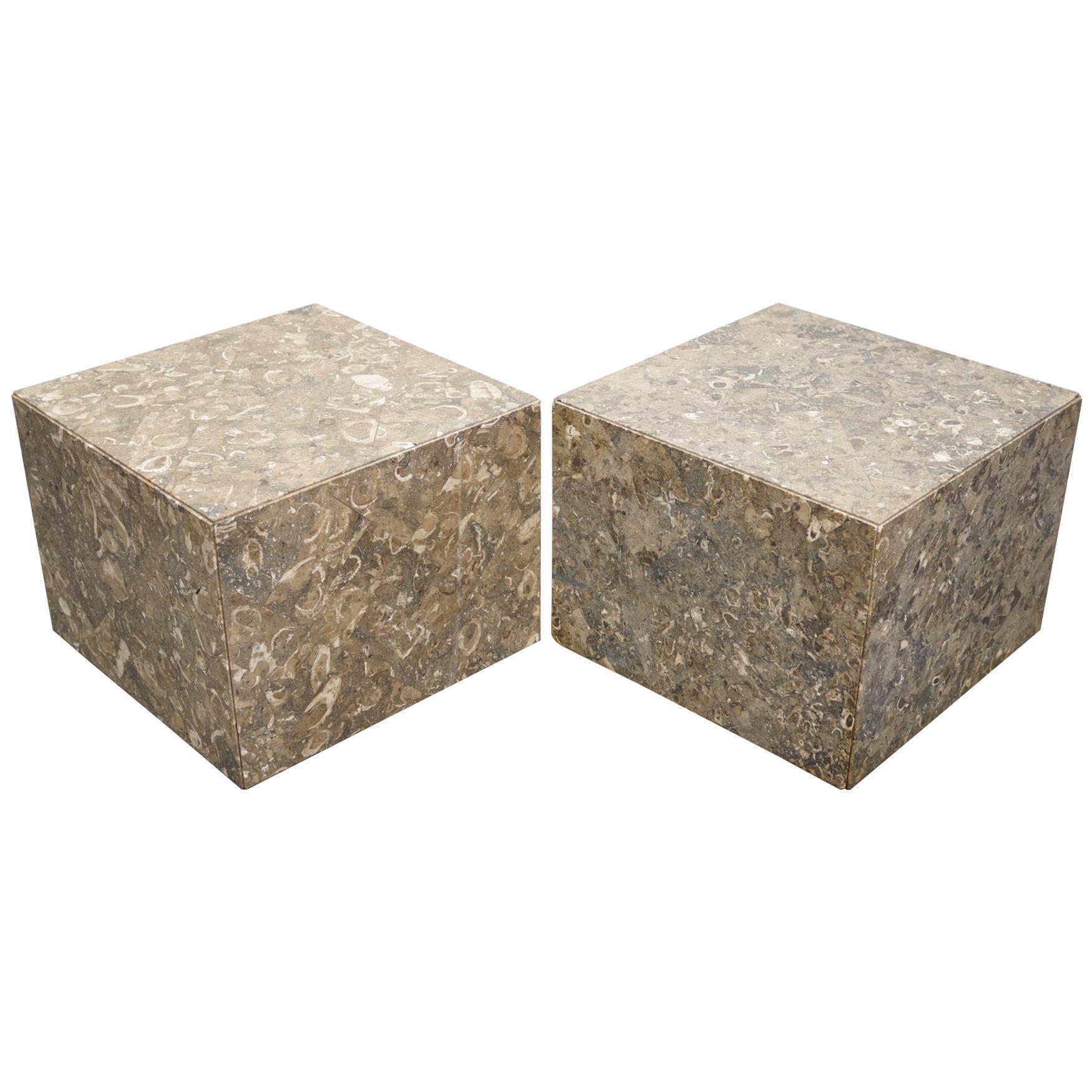 Pair Of Italian Marble Or Fossil Cube Side Tables