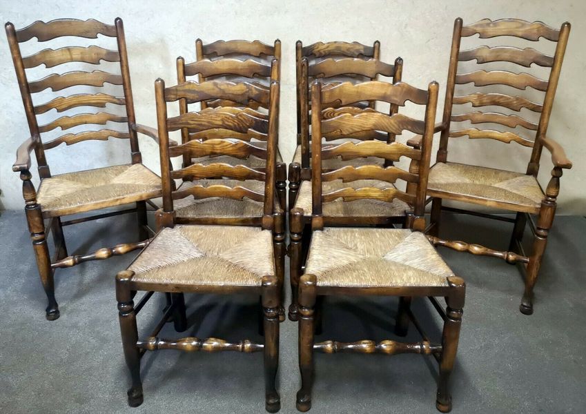 Set Of Eight Titchmarsh And Goodwin Oak Ladder Back Dining Chairs
