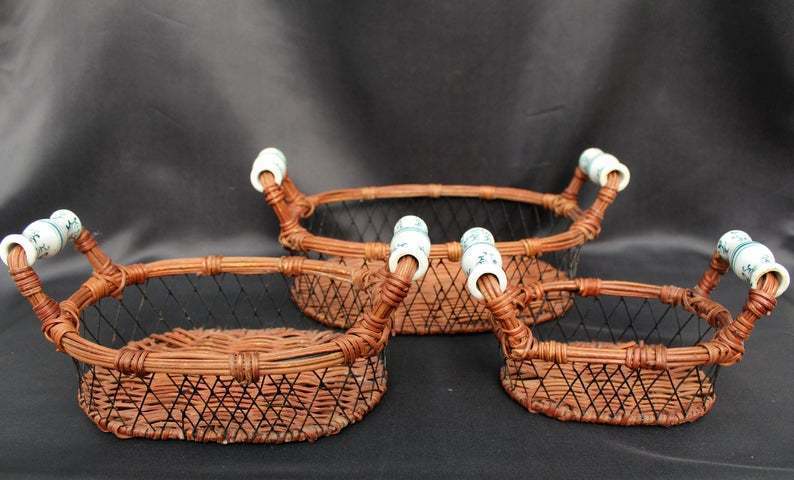 Three Vintage Wicker And Metal Baskets With Ceramic Handpainted