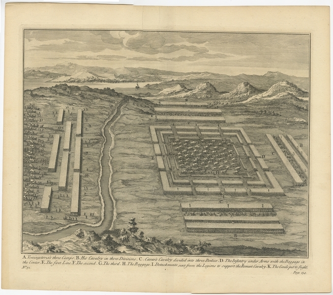 No. 52 Antique Print Of Vercingetorix's Three Camps By Duncan (C.1753)
