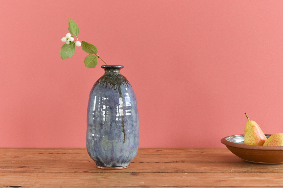Vintage Rustic Ceramic Stoneware Studio Pottery Blue And Purple Glazed Bottle Vase By David Fry Vinterior