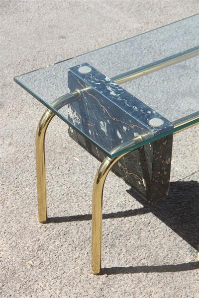 Rectangular Table Coffee Italian Design 1970s Brass Marble Portoro Glass Top photo for sale