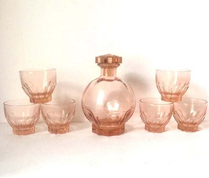 Art Deco French Pink Glass Decanter And 6 Glasses, Vintage Salmon Pink