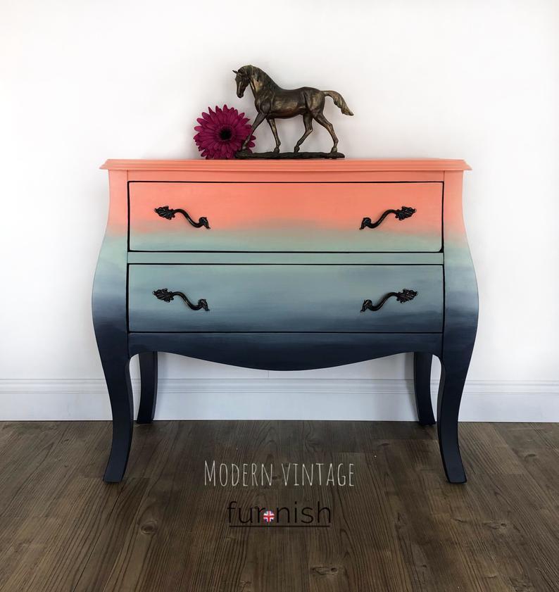 French Style Bombe Chest Of Drawers In Ombre Navy Green And Coral