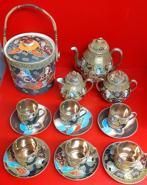 Antique Satsuma Samurai Tea Set With Biscuit Barrel Vinterior