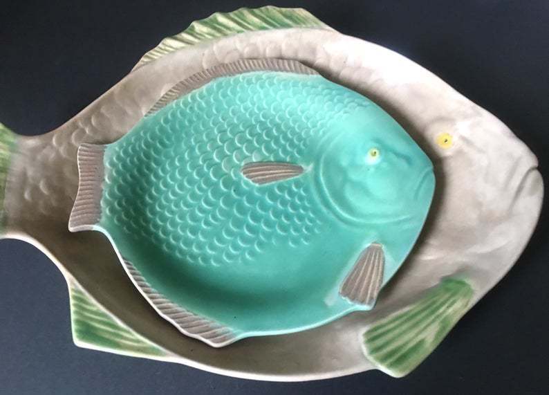 Art Deco Shorter & Sons Fish Platter And Fish Plate, Green Cream Plate