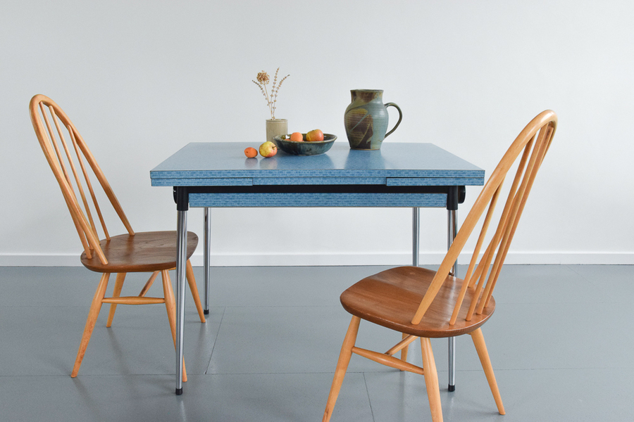 Vintage Blue Extending Formica Kitchen Table With Drawers Vinterior