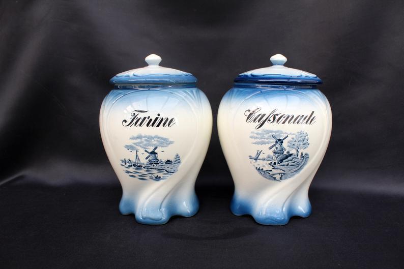 2 Vintage Ceramic Kitchen Canister Kitchen Container Storage Jar