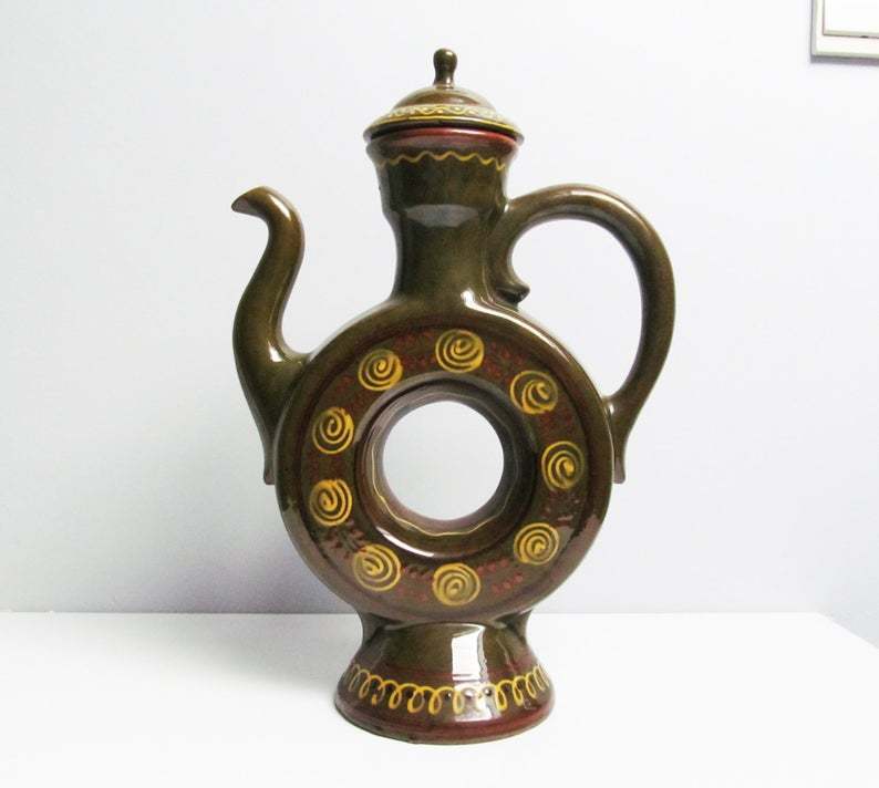 Tall Vintage Stoneware Ceramic Ring Jug Pitcher Vase Ring Decanter