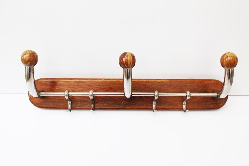 Vintage Wood Wall Hanging Coat Rack Hat Rack Clothes Rack Chrome