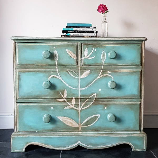 Upcycled Bohemian Painted Rustic Pine Turquoise Chest Of Drawers