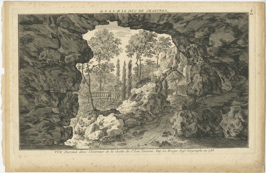 Pl. 4 Antique Print Of A Cave In Saint Leu Taverny By Le Rouge (C.1785)