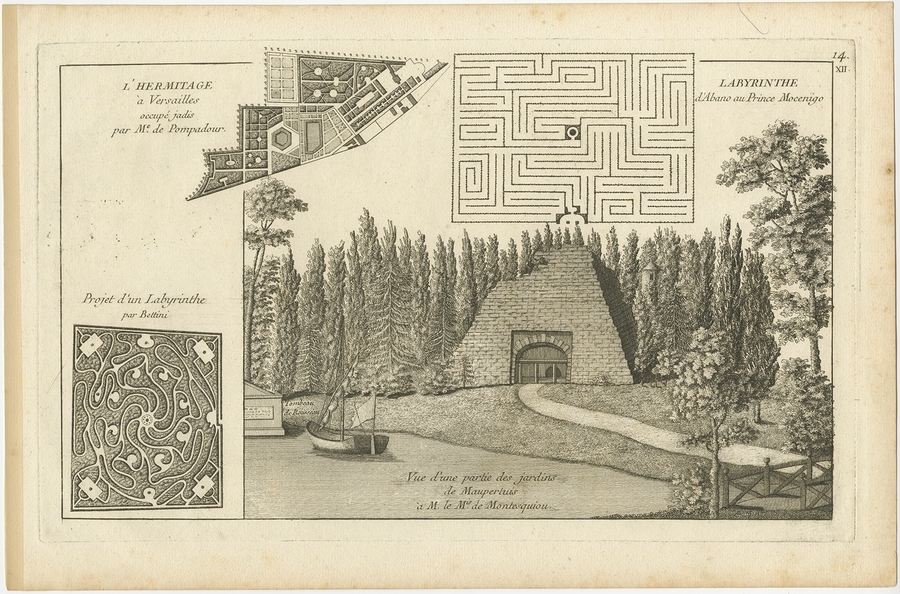 Pl. 14 Antique Print Of Labyrinth And The Hermitage Of Versailles By Le Rouge (1776)