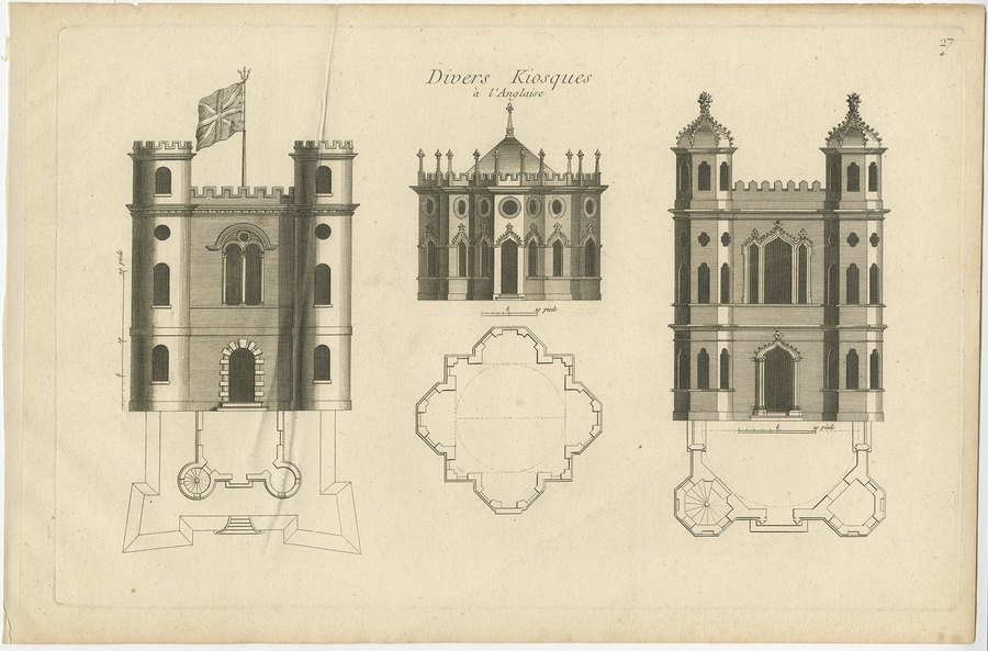 Pl. 27 Antique Print Of Garden Kiosks By Le Rouge (C.1785)