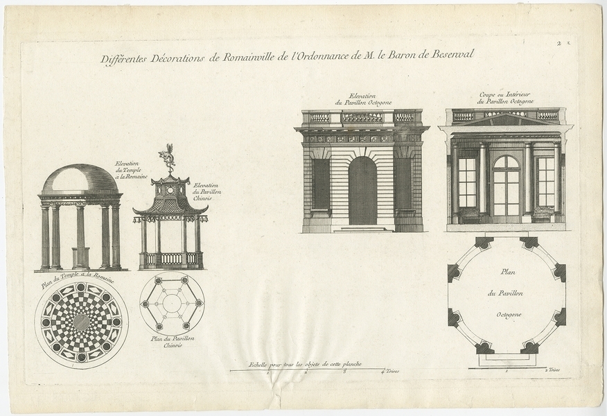 Pl. 2 Antique Print Of Pavilion Decorations By Le Rouge (C.1785)