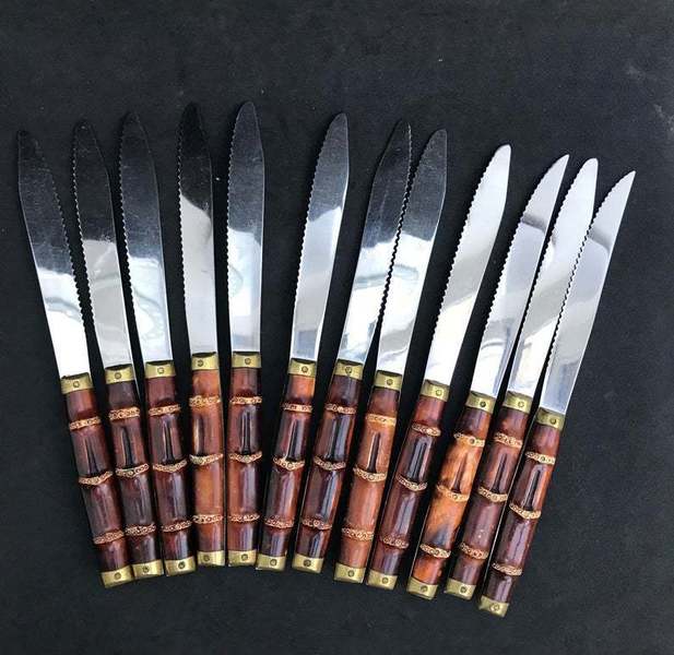 Faux Bamboo Handle Vintage Knives Set 12 Meat Dinner Knives Knife