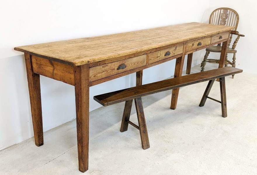 Antique Pine Dining Table With Drawers Storage / Farmhouse Prep Table