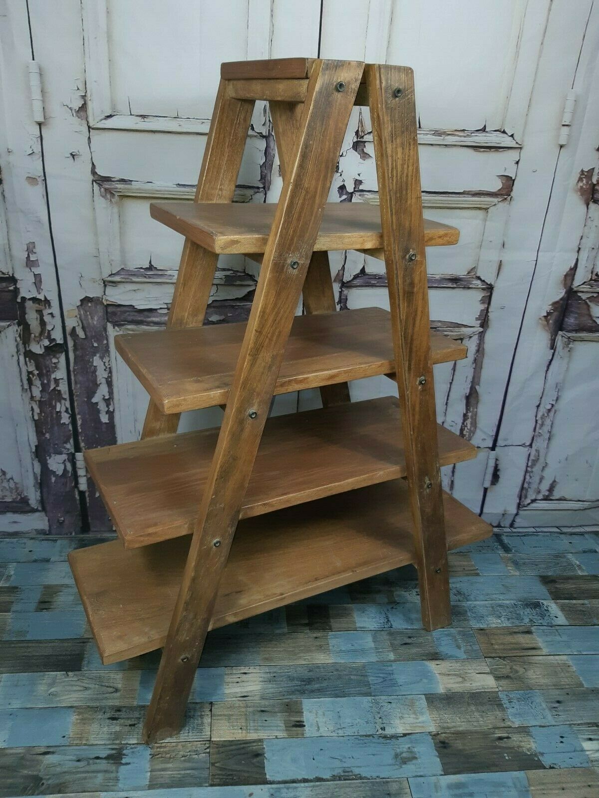 Vintage Rustic Solid Wooden Hand Made 5 Tier Ladder Shop Display