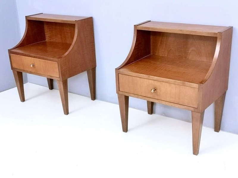 Pair Of Midcentury Walnut And Maple Nightstands With Brass Handles Italy 1960s Vinterior
