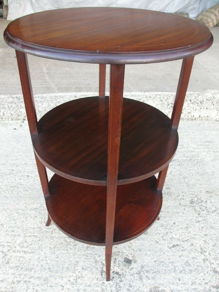 Edwardian Mahogany Inlaid Circular 3 Tier Etagere Occasional Table