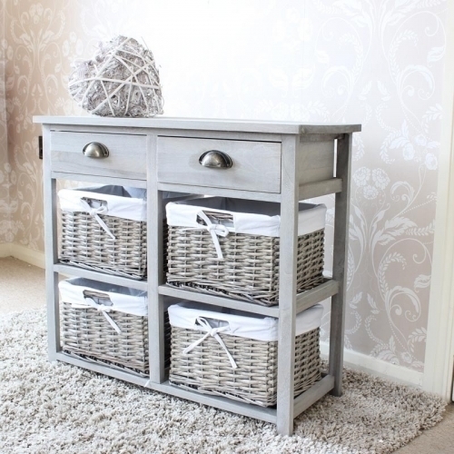 Vintage Grey Range Two Drawer And Wicker Basket Storage Unit