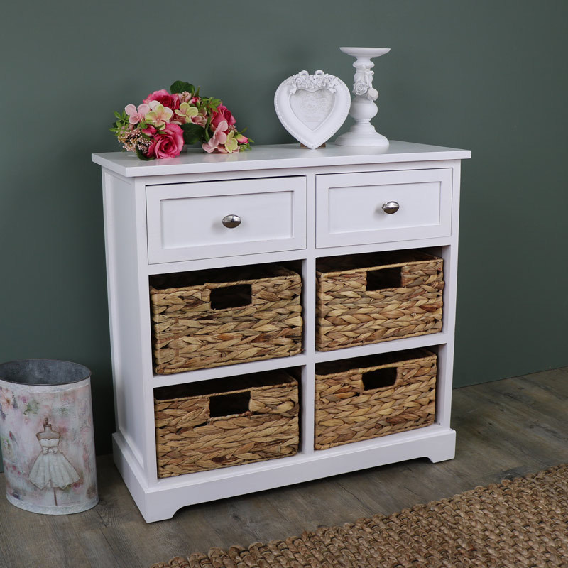 White Wood Wicker 6 Drawer Basket Storage Unit Salford White