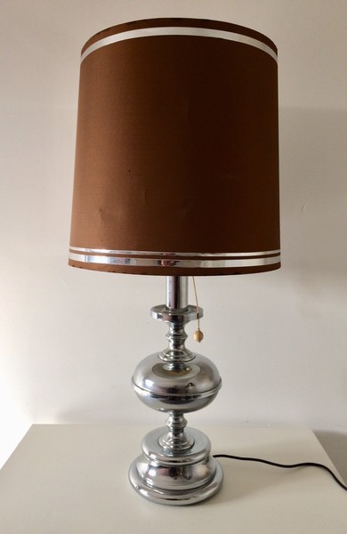 Midcentury Original Italian Design 1970s Xl Chrome Table Lamp W Shade