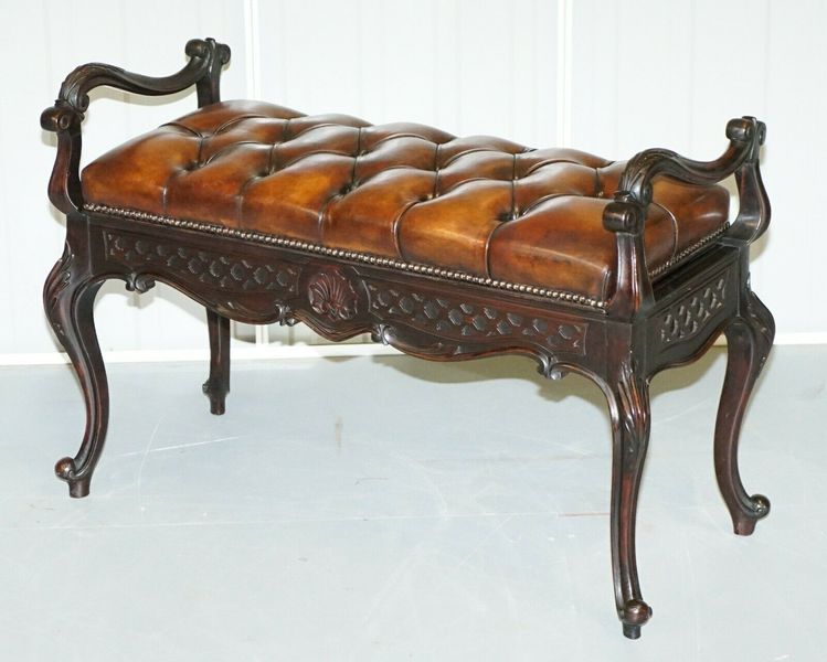 Fully Restored Victorian Chesterfield Brown Leather Piano Stool Bench 2