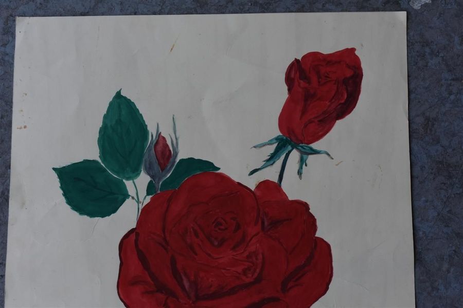Drawing Of Roses And Buttons In Gouache On Signed Paper photo furniture