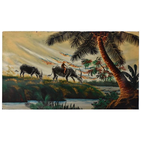 Large Hanoi Lacquer Panel With Water Buffalo