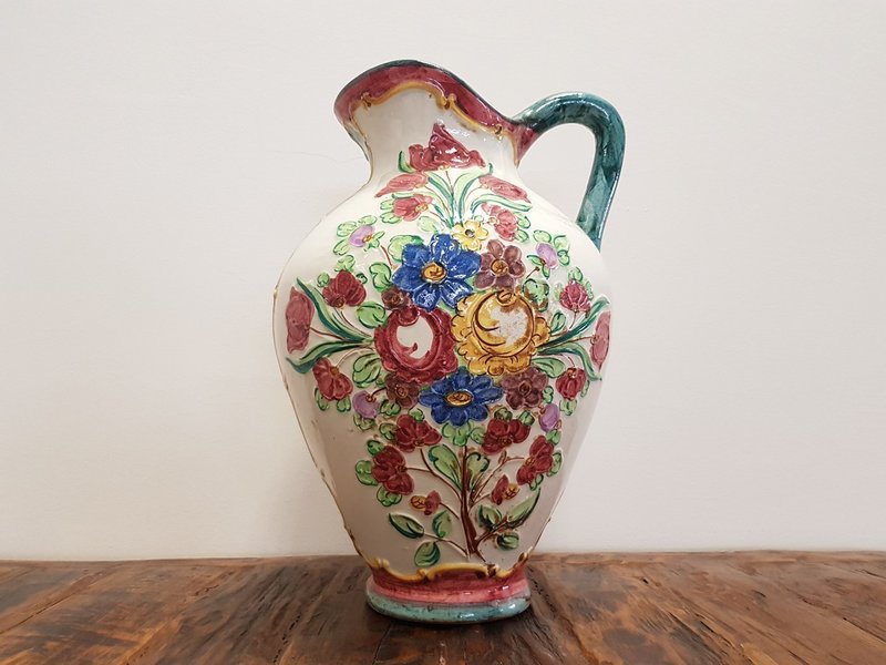 Italian Vintage 1970s Ceramic Hand Painted Pottery Pitcher Vase