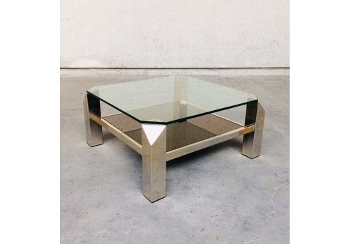 Midcentury Modern Square Brass & Glass Coffee Table By Belgochrom 1980's