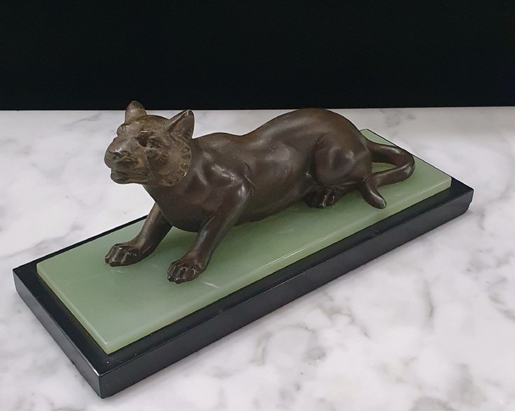 Art Deco Bronze Crouching Panther C1920 30 On Onyx On Belgian Marble Plinth