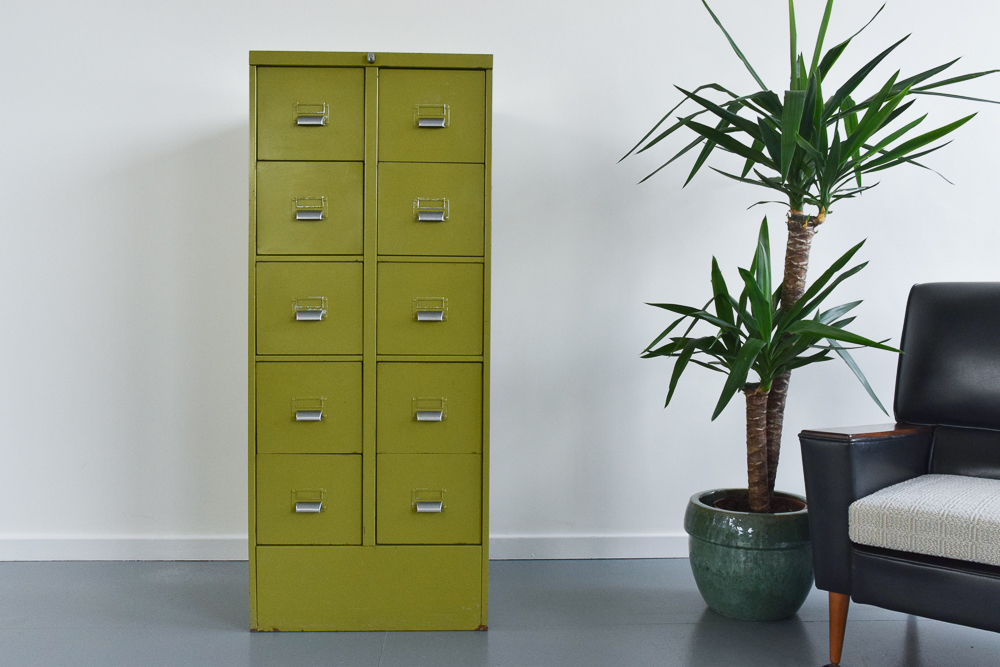 Vintage Metal Avocado Green 10 Drawer Filing Cabinet By Sankey