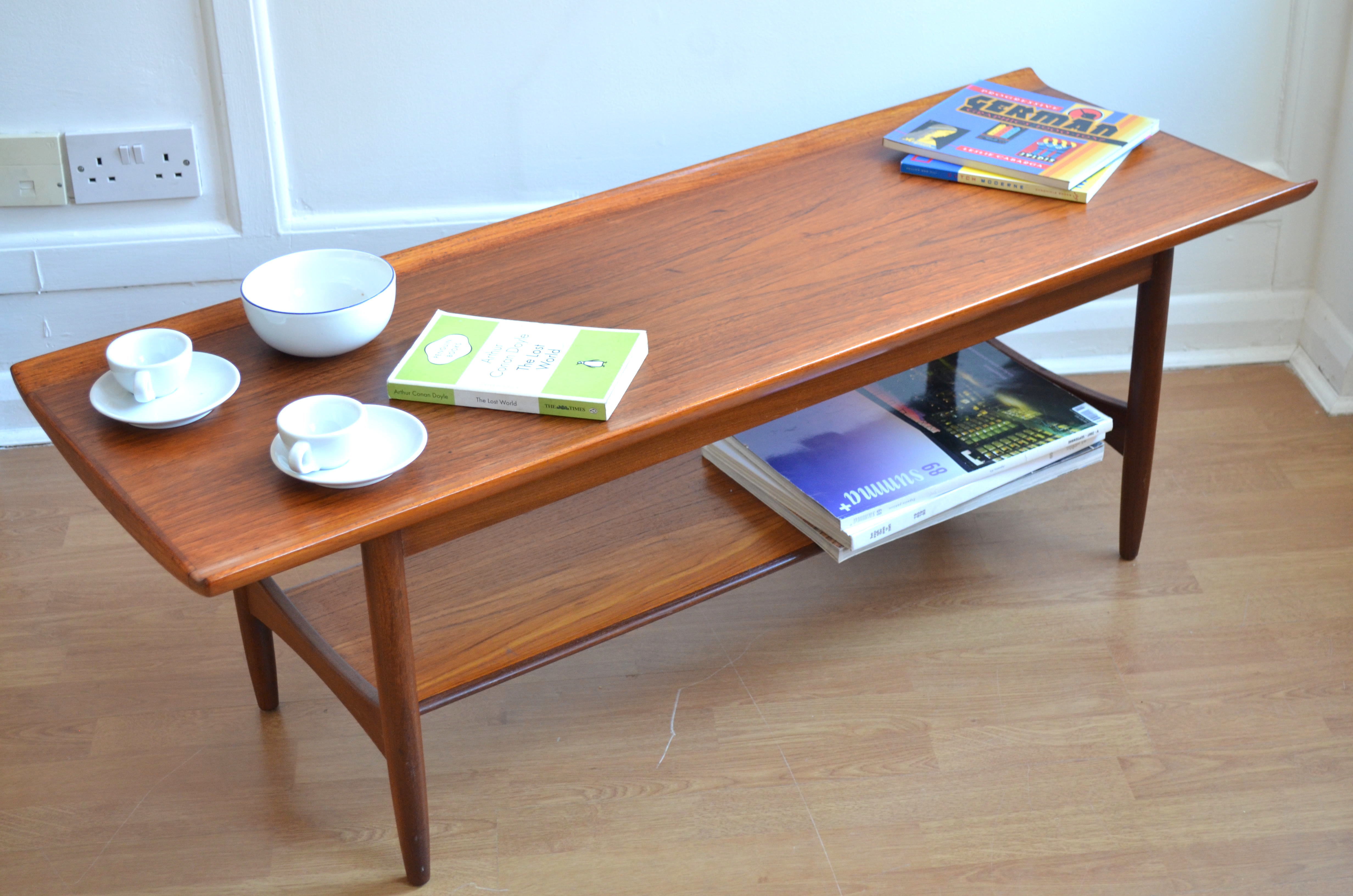 Vintage Danish Two Tiered Curved Teak Coffee Table Delivery Modern Midcentury Style Vinterior