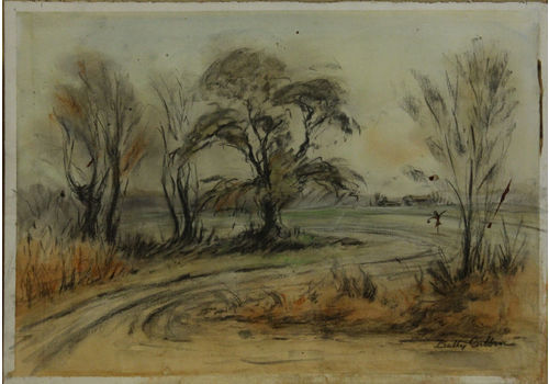 Watercolour And Pastel Painting By Billy Gibbon. Landscape With Scarecrow