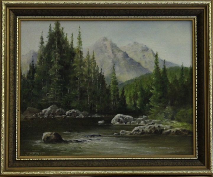 Oil On Board By John E Fox. Stream With Mountains Beyond. (2 Of 2)