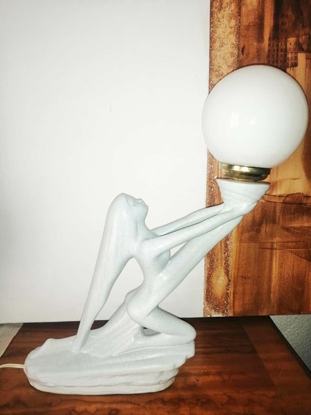 Art Deco Table Lamp Shaped Sculpture Of A Lady In Porcelain And Opaline Balloon photo furniture