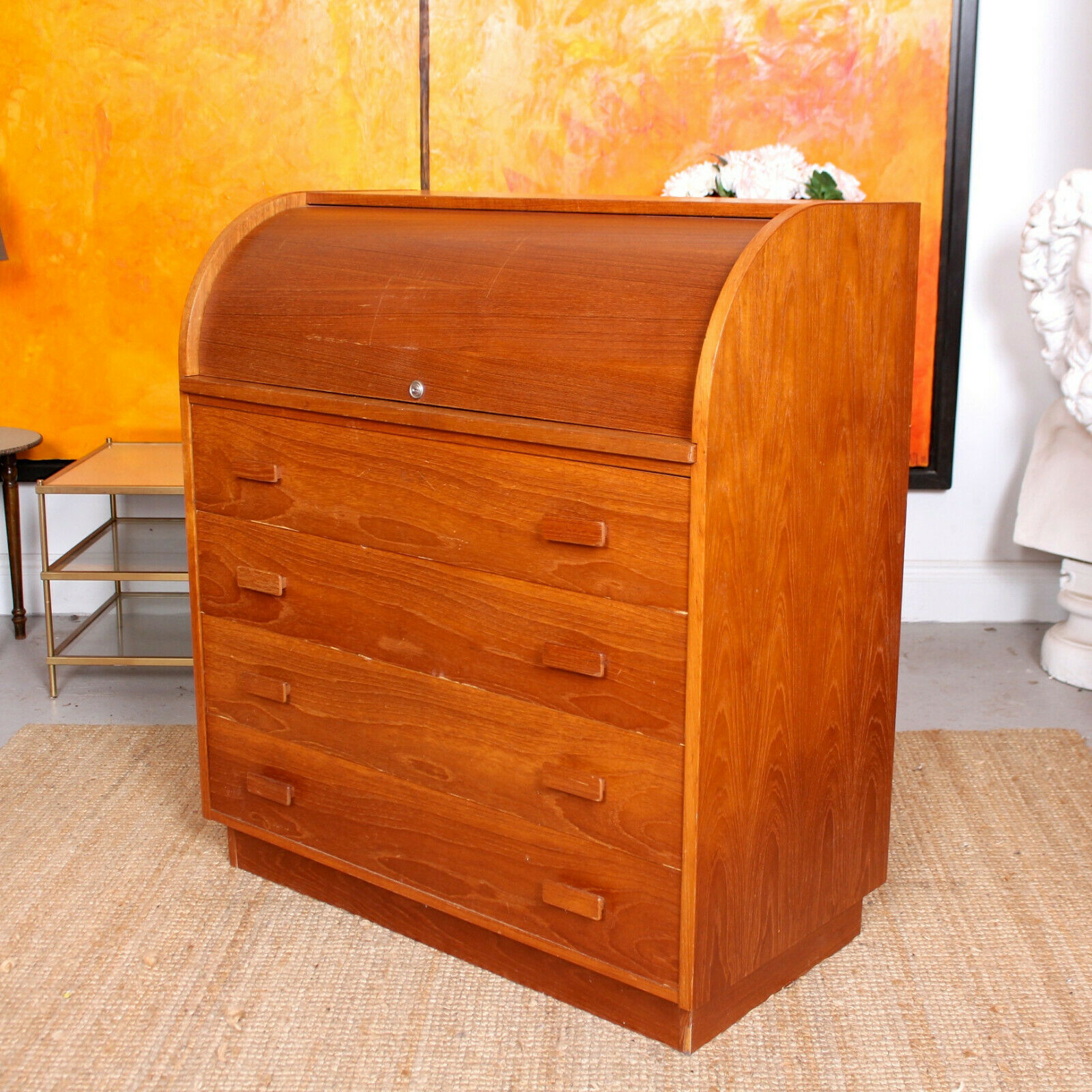 Vintage Teak Bureau Roll Top Writing Desk Retro 1970s Vinterior